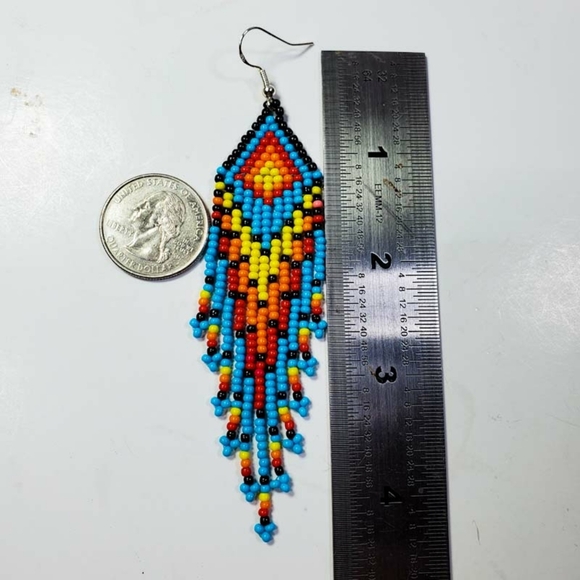 Turquoise Sunrise Long Fringe Seed Bead Earrings - Picture 4 of 7